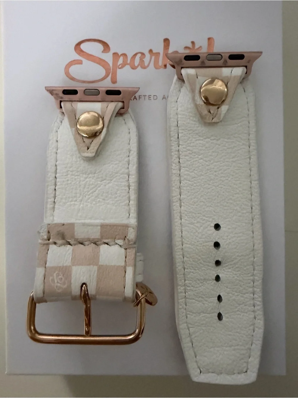 Spark*l Cream Mini Checks on White Calfskin Watchband -Size 2 (5.75
